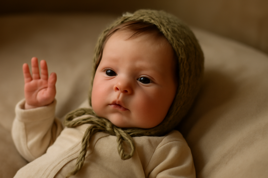 Illustration conceptuelle d'un bébé reborn éthique et écologique, représentant la durabilité et l'innovation pour le marché français.