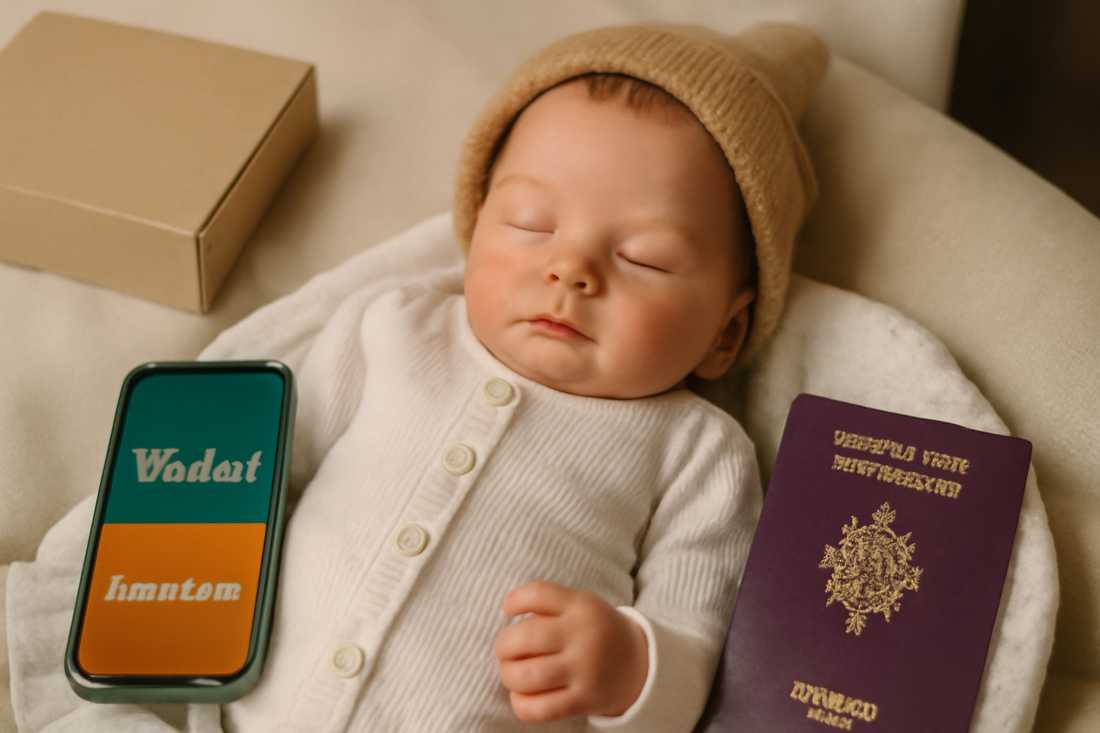 Illustration d'un guide anti-arnaque pour l'achat de bébés reborn d'occasion sur Vinted et Leboncoin en France, avec un passeport numérique